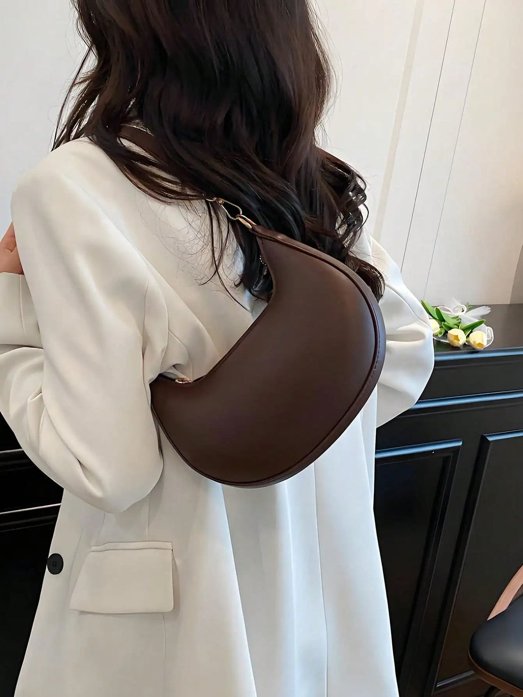 Coffee Brown Crescent PU Leather Shoulder Bag